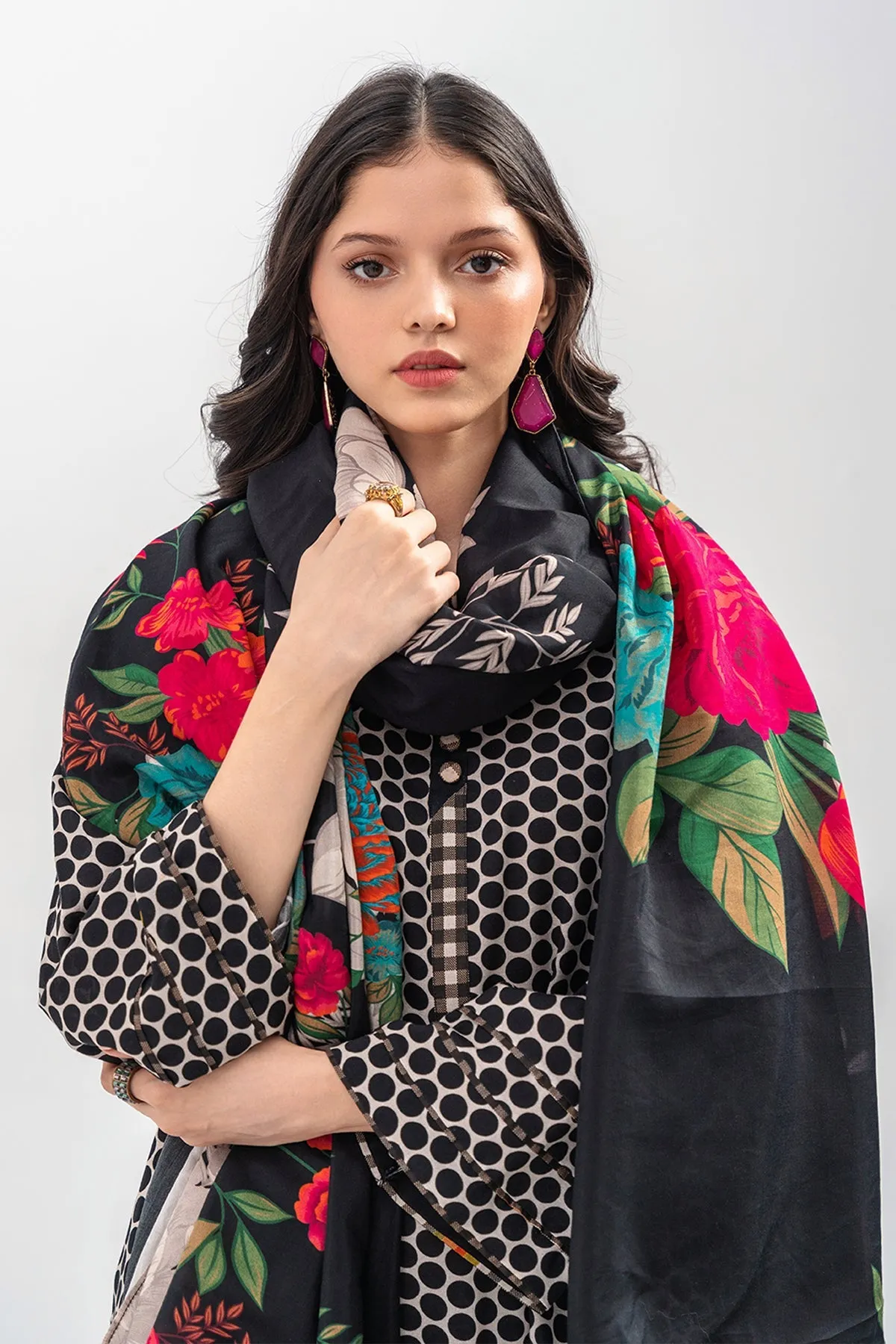 3-PC Black dotted Shirt with Printed Shawl and Trouser CPM-3-264