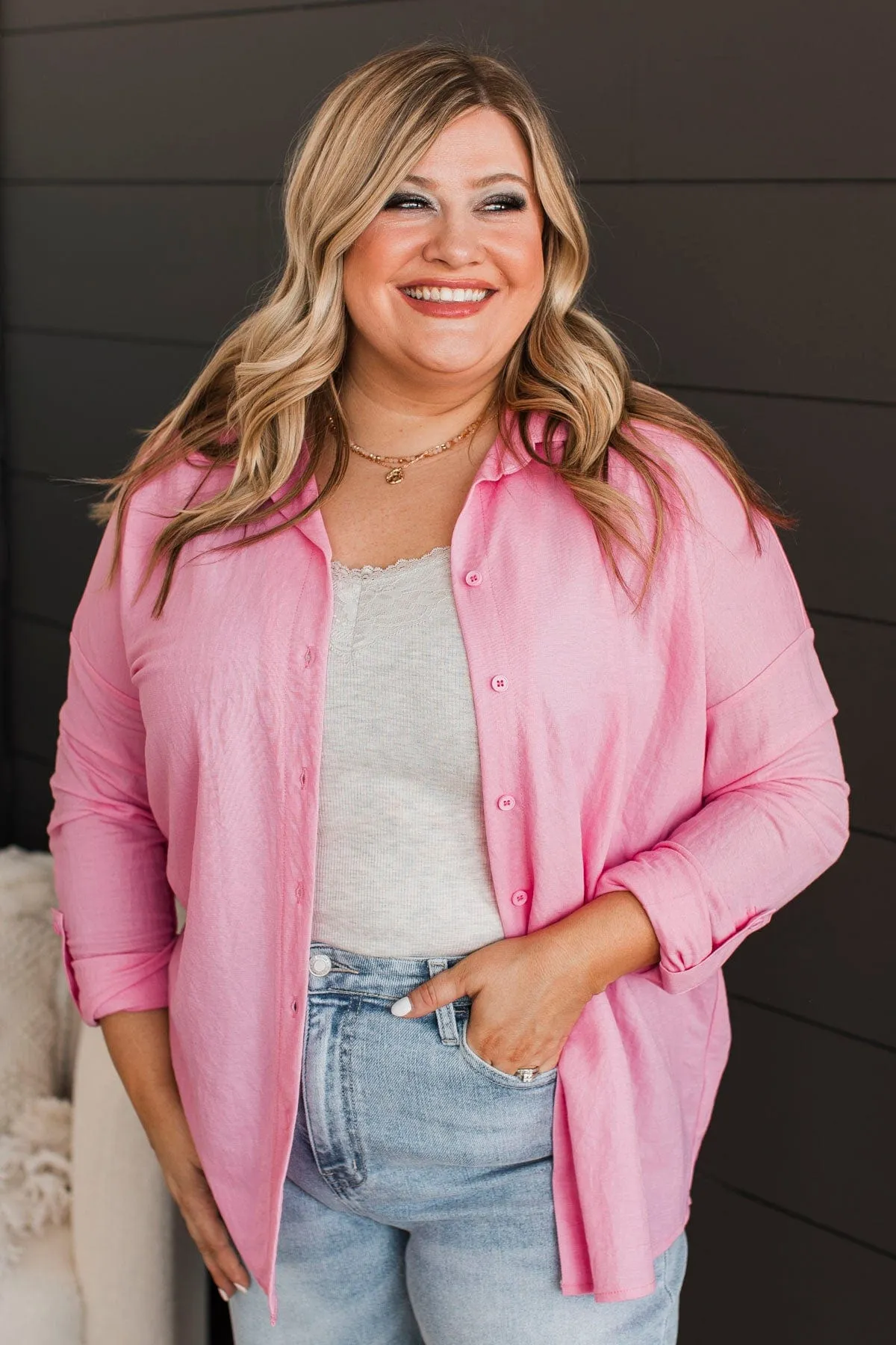 Always Interesting Button Up Top- Pink