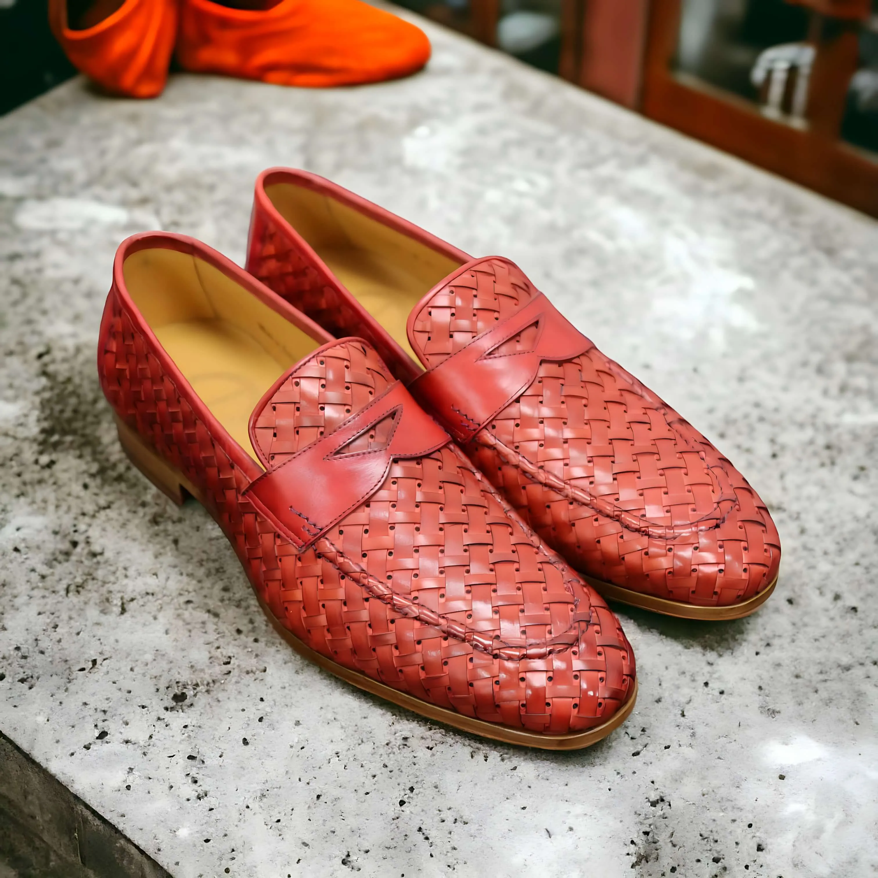 Ambrogio by Mezlan Solomeo 21101 Men's Shoes Red Woven Leather Penny Slip-On Loafer (AMZ1011)