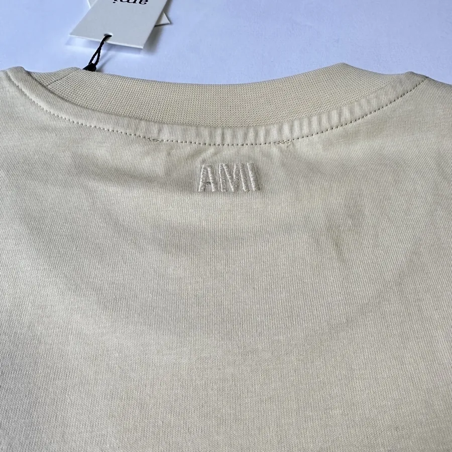 AMI PARIS  |Crew Neck Unisex Plain Cotton Short Sleeves Khaki Logo