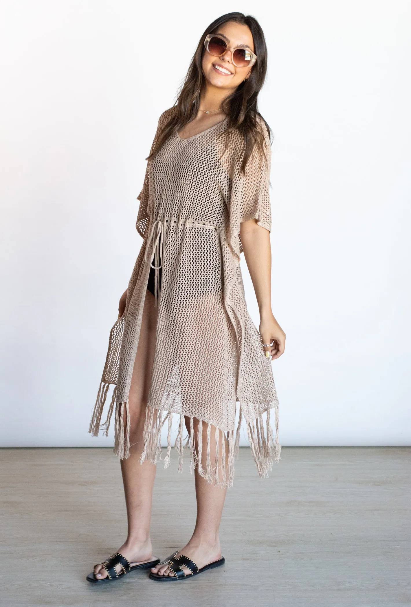 Away on Vacay Taupe Crochet Swim Cover Up