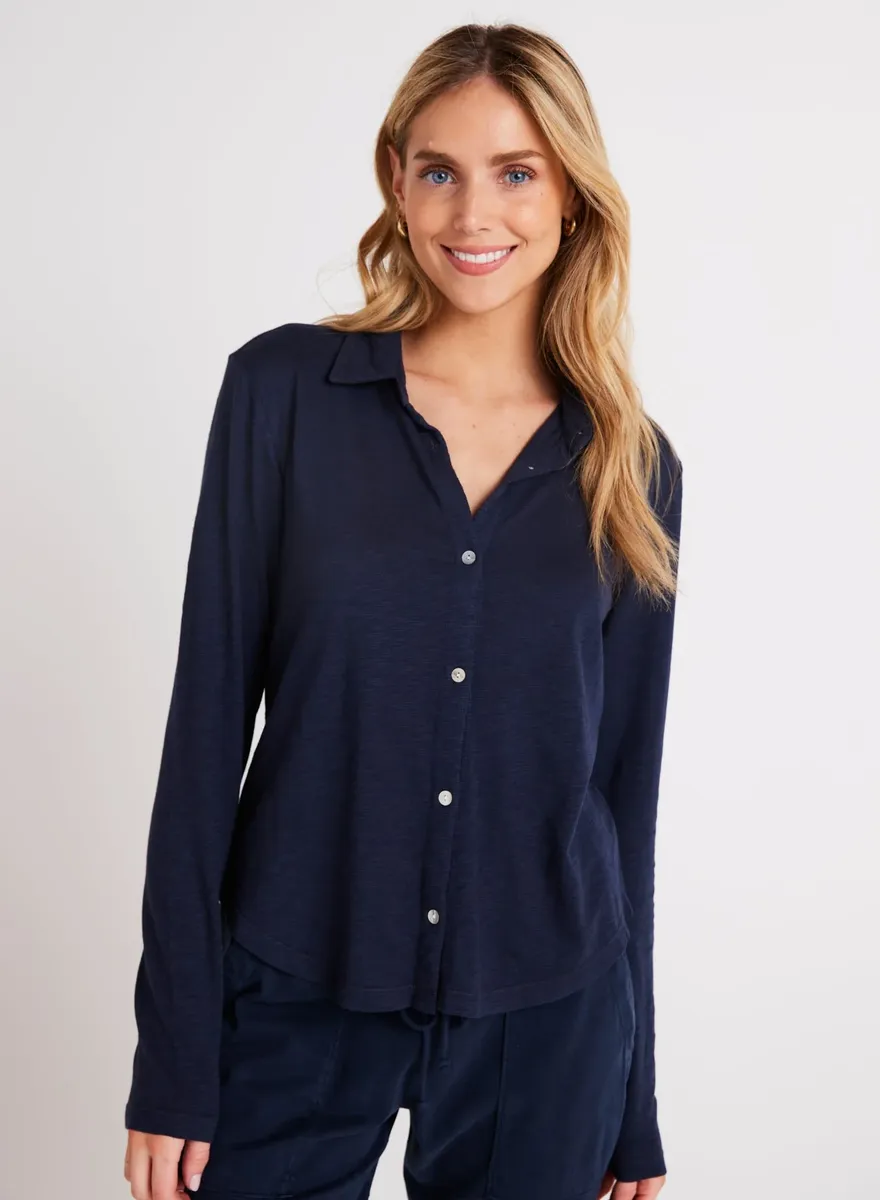 bella dahl cotton modal button up slub knit l/s endless sea