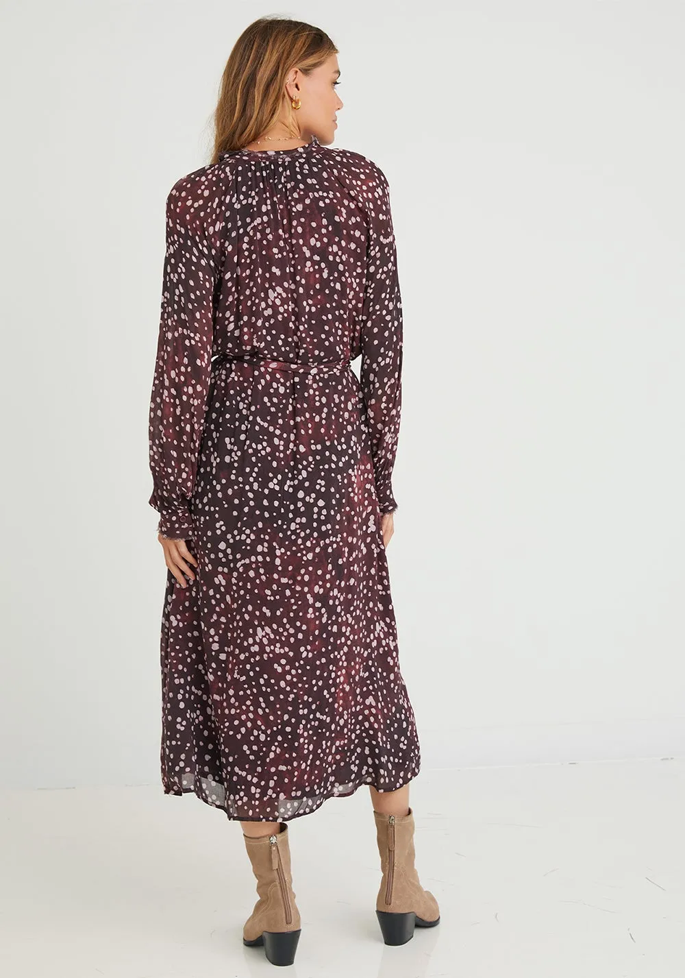 Bella Dahl - Long Sleeve Ruffle Midi Dress - Wine Dot Print