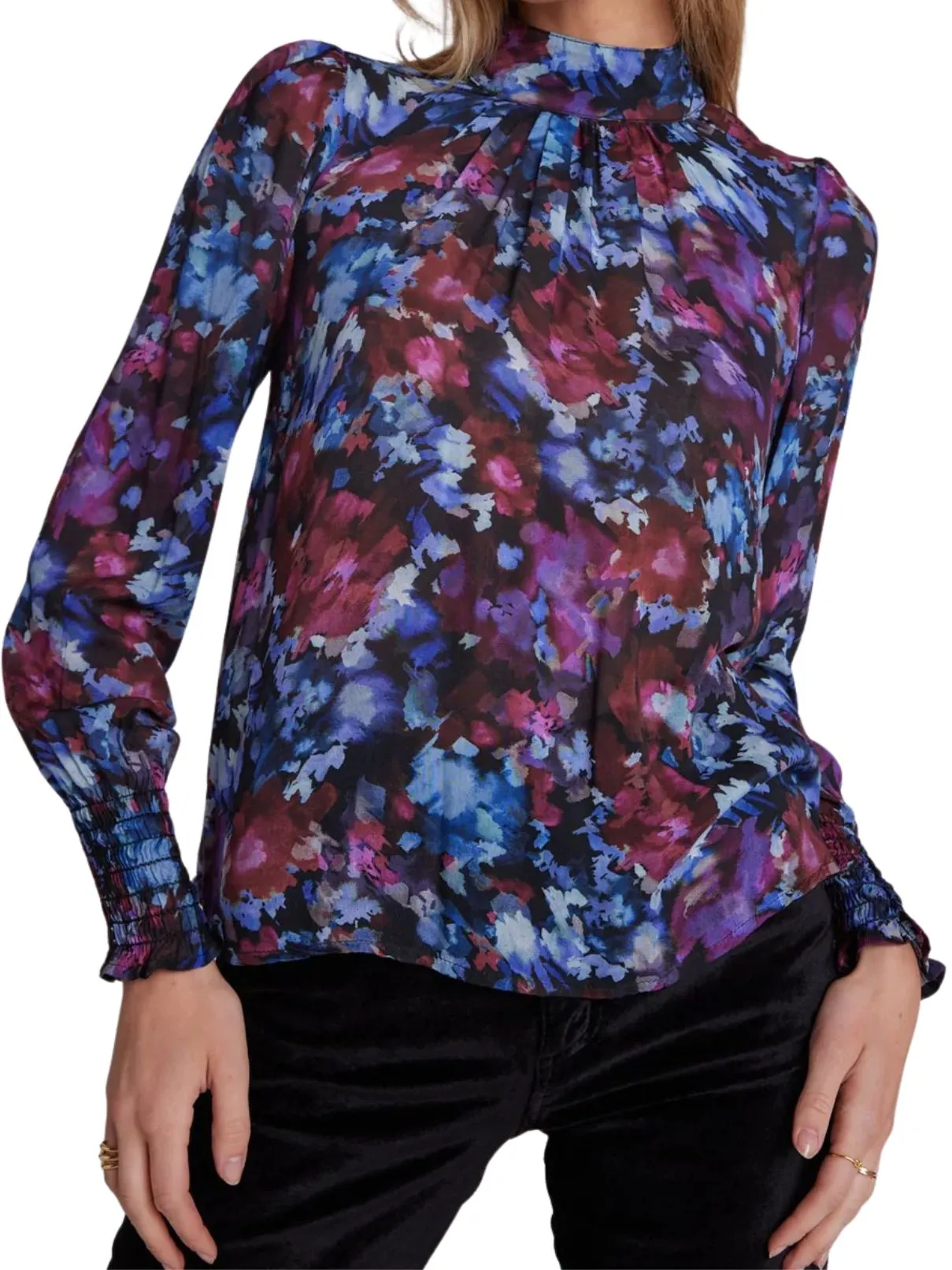 Bella Dahl Mock Neck Smocked Top in Midnight Bloom Print