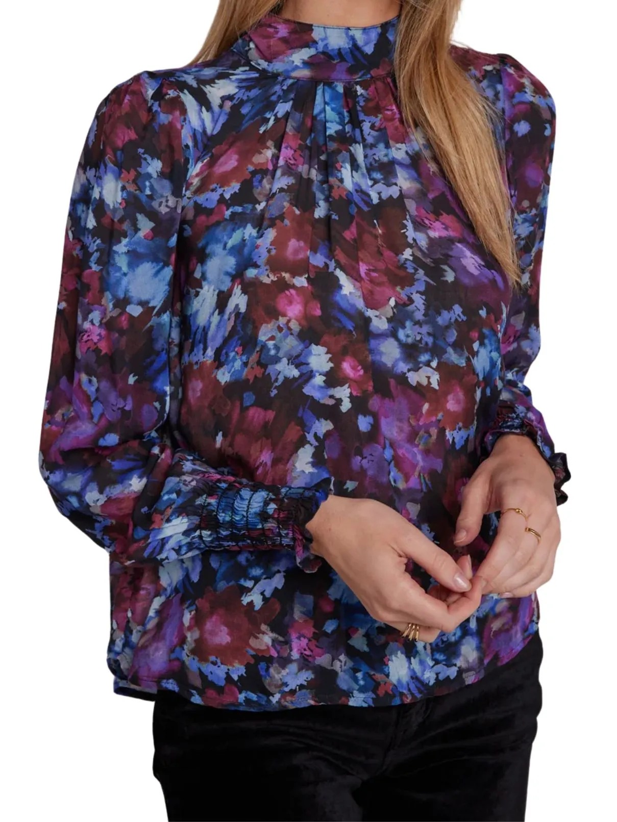 Bella Dahl Mock Neck Smocked Top in Midnight Bloom Print