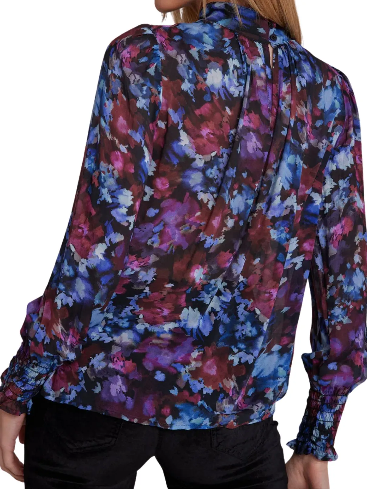 Bella Dahl Mock Neck Smocked Top in Midnight Bloom Print