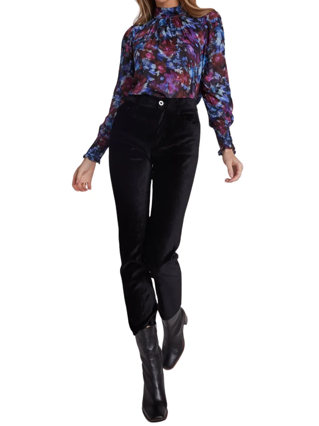 Bella Dahl Mock Neck Smocked Top in Midnight Bloom Print