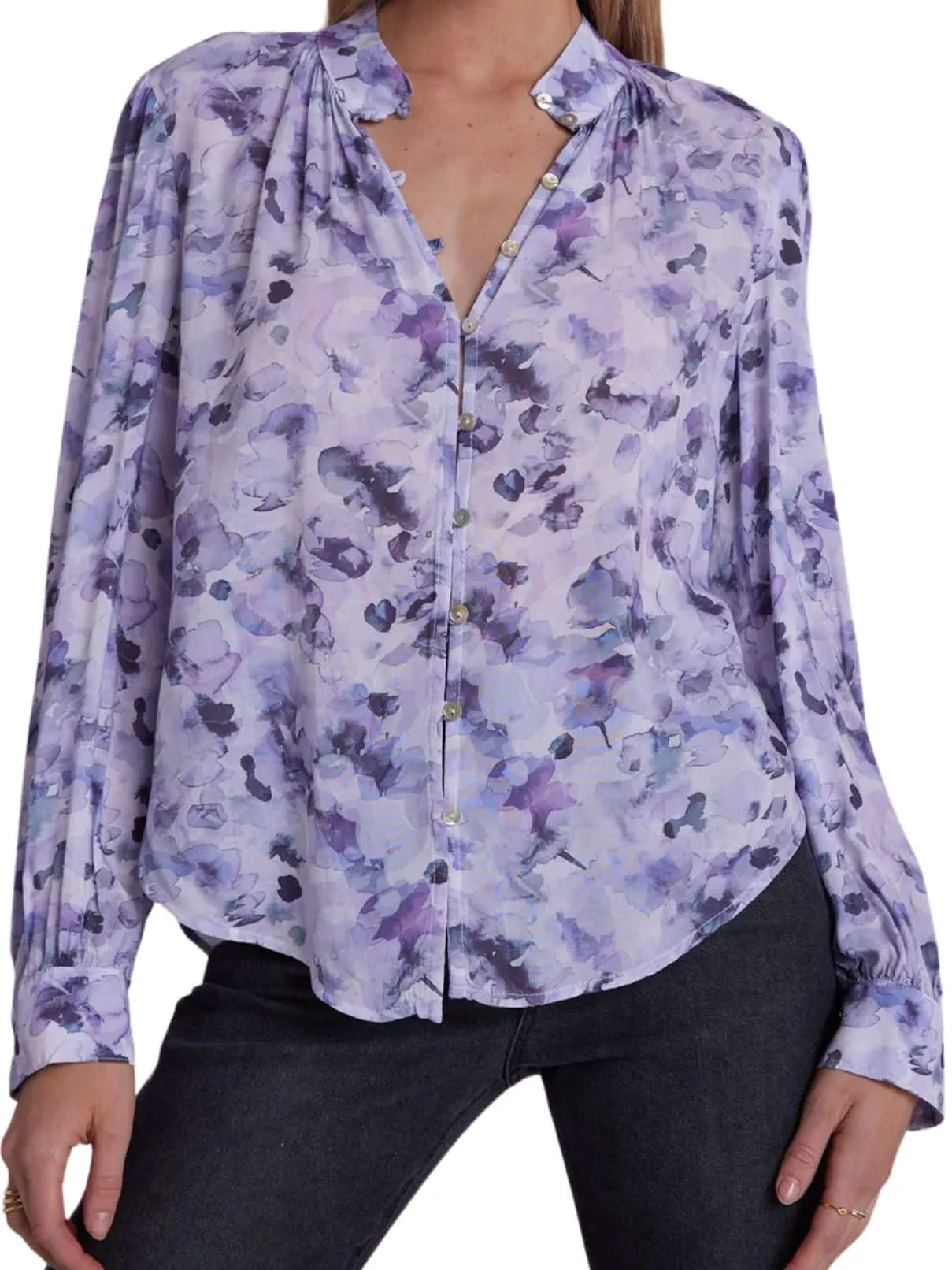 Bella Dahl Shirred Blouse in Lilac Flouret Print