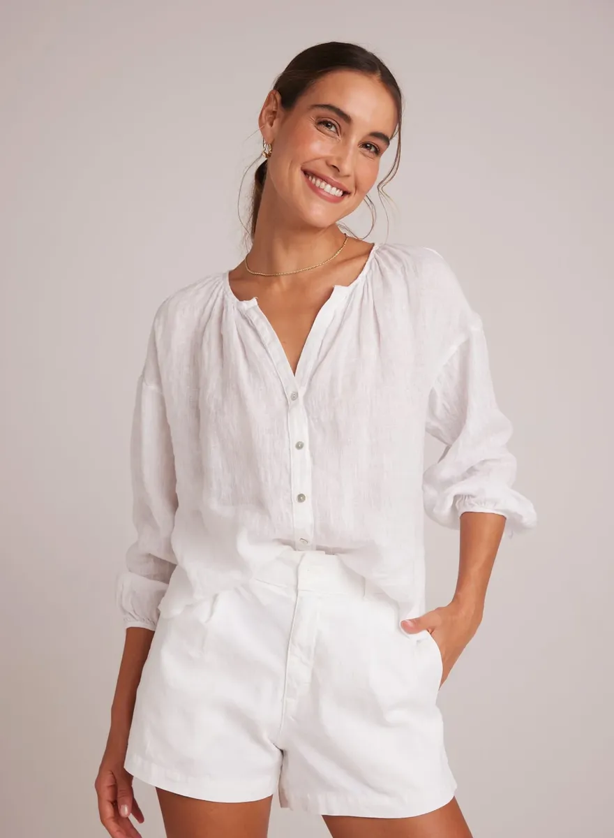 Bella Dahl Shirred Neck Linen Blouse in White