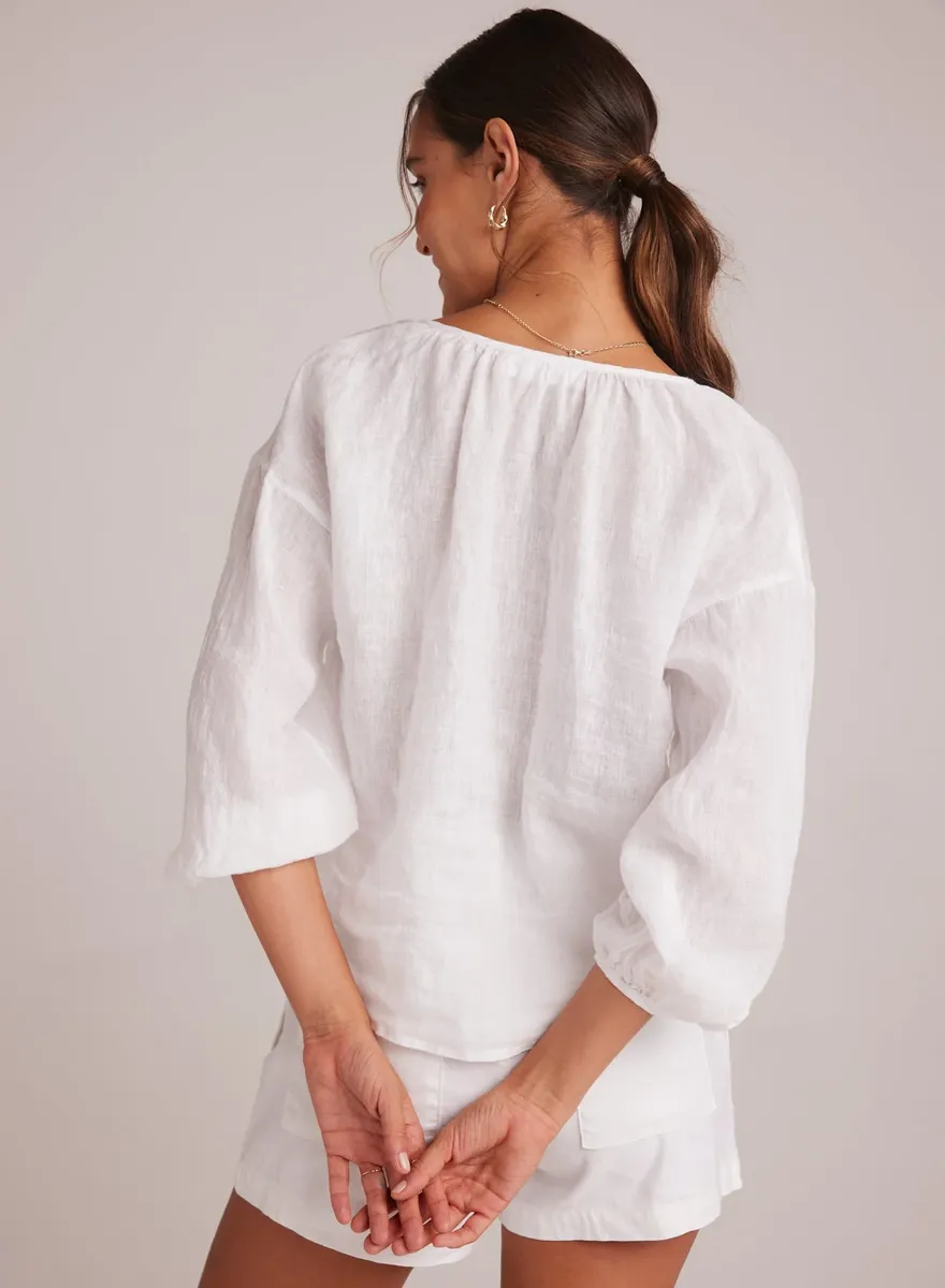 Bella Dahl Shirred Neck Linen Blouse in White