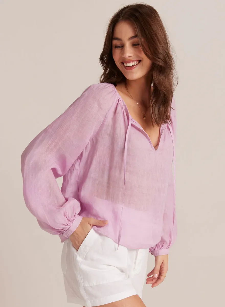 Bella Dahl Shirred Raglan Tie Front Blouse  in Light Orchid