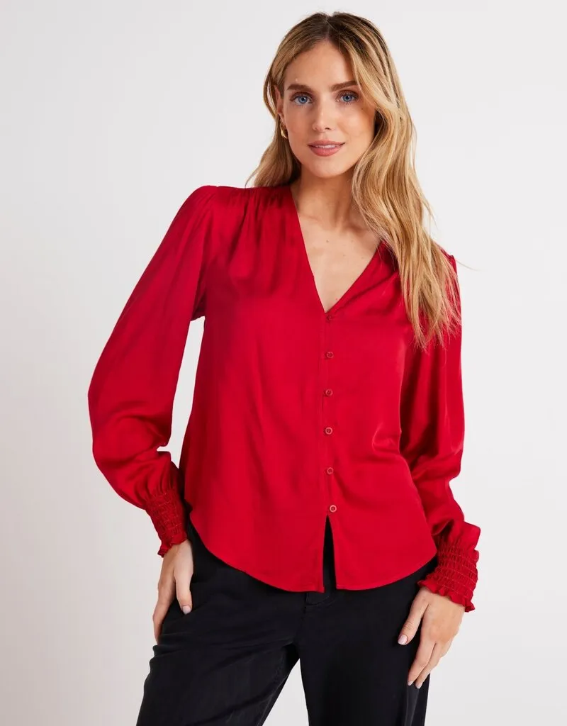 Bella Dahl Smocked Cuff Button Down - Cherry Red