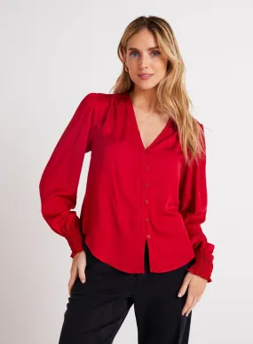 Bella Dahl Smocked Cuff Button Down - Cherry Red