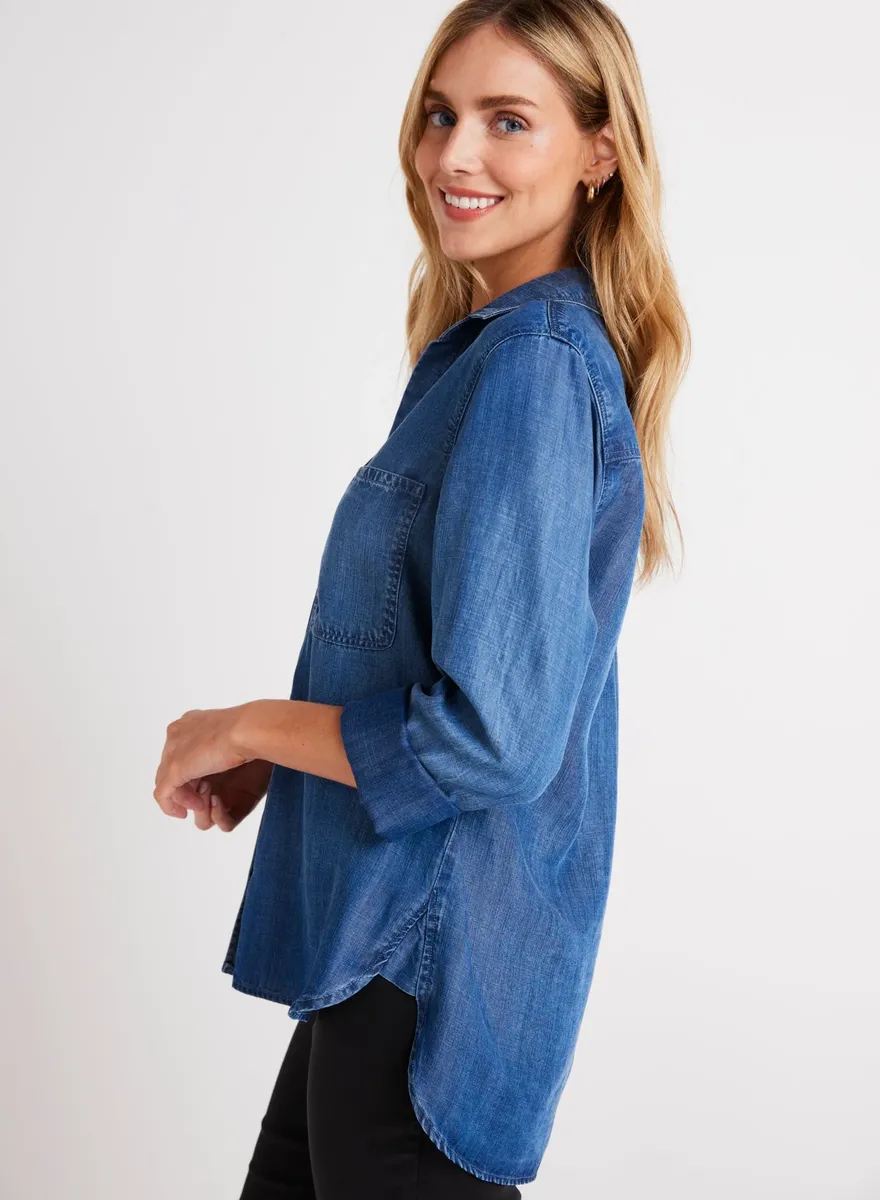 bella dahl tencel denim shirt-tail but-down  moonlit haze