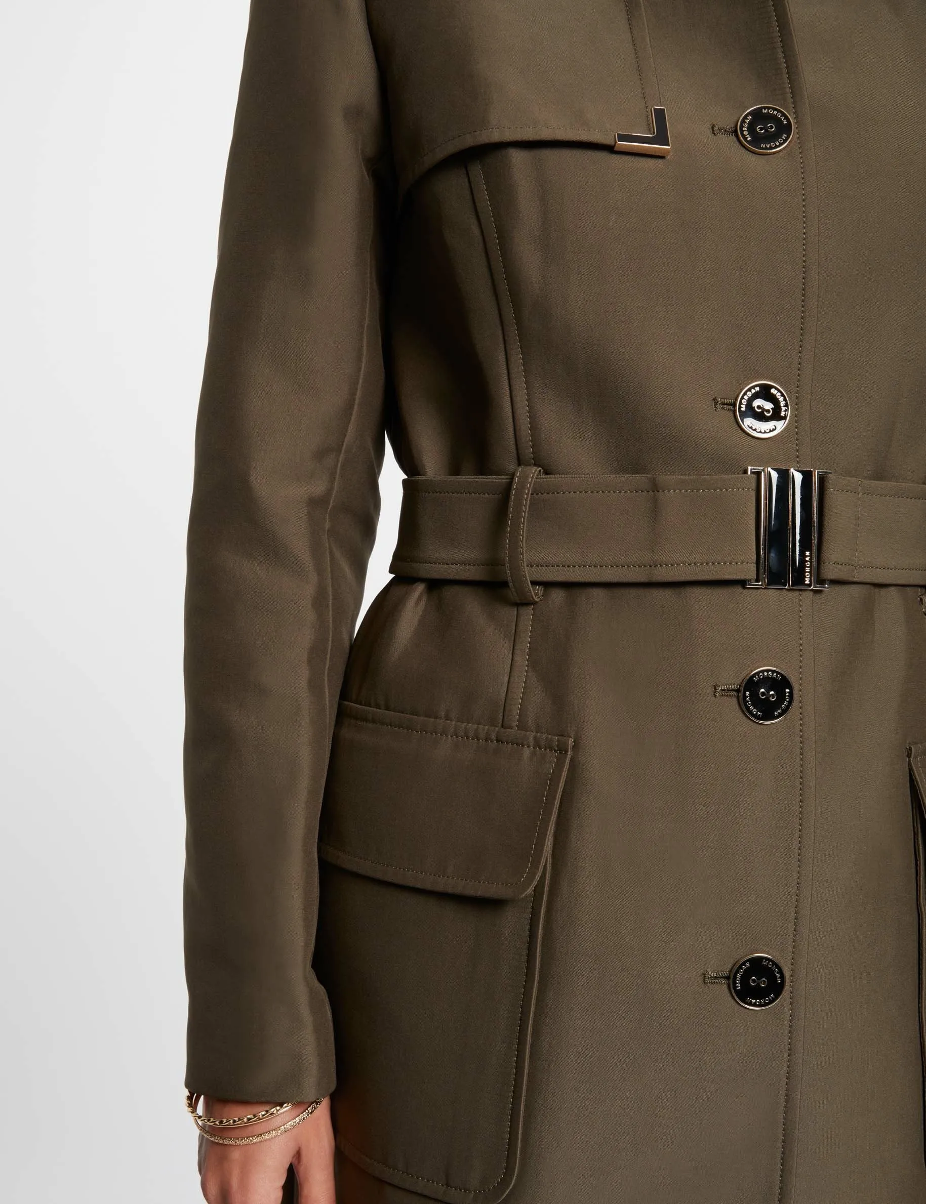 Belted long trenchcoat khaki green women