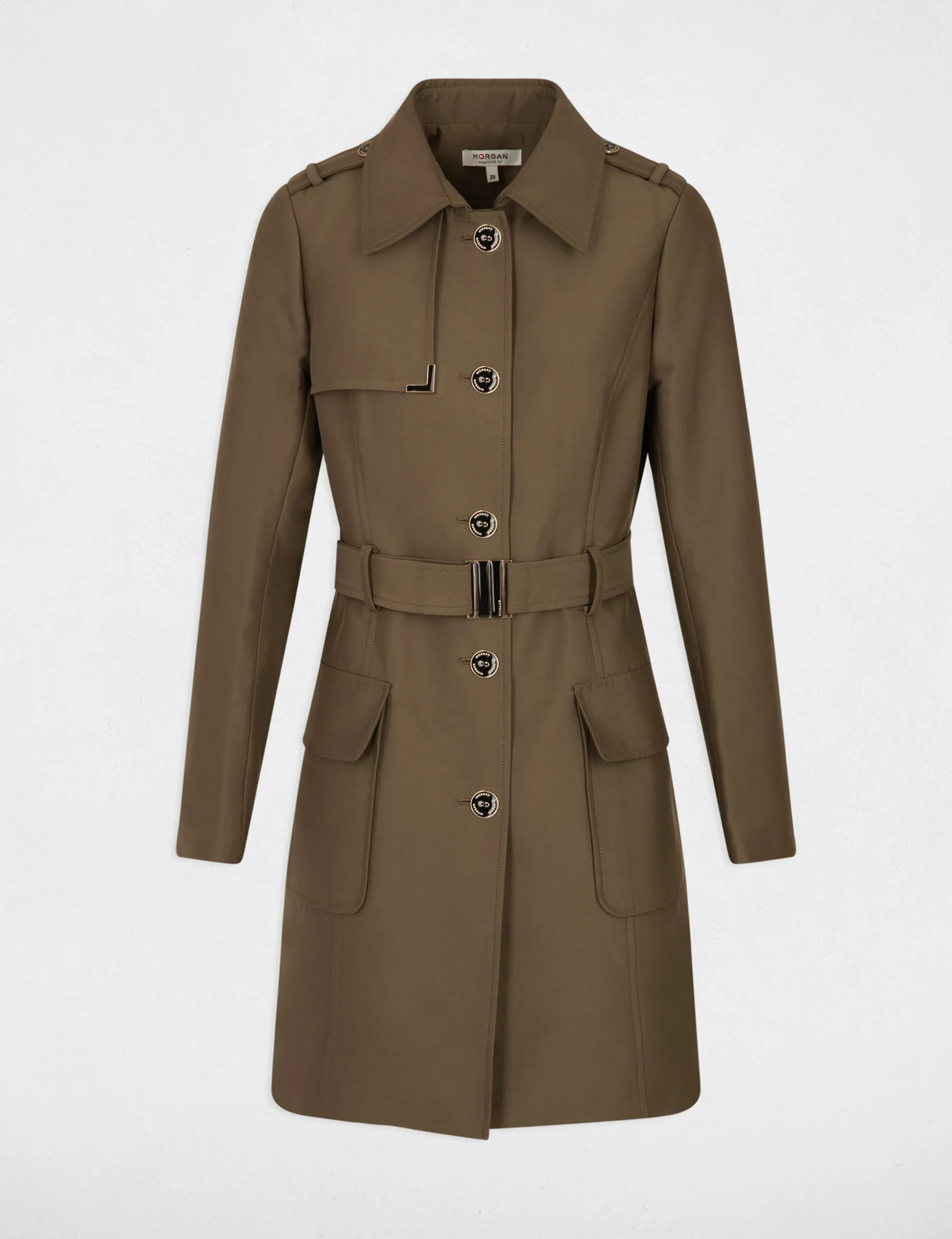 Belted long trenchcoat khaki green women