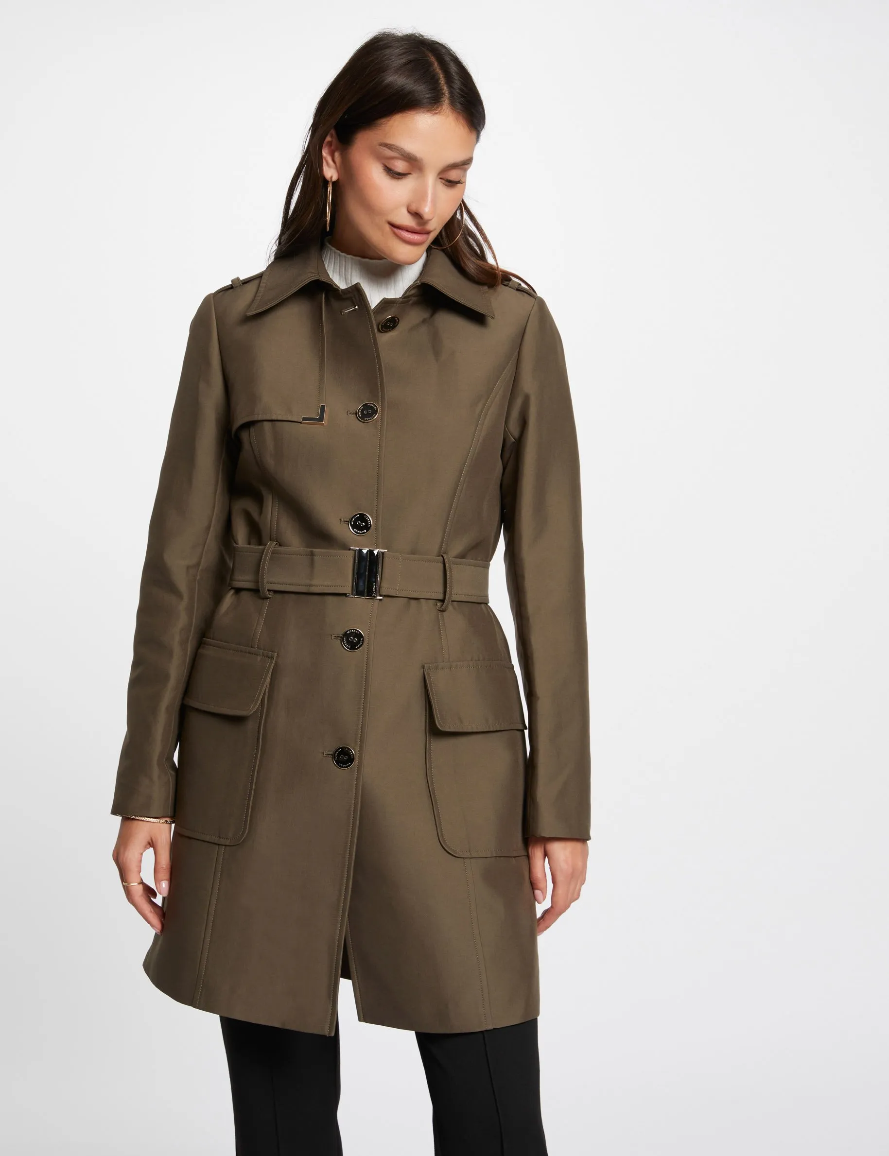 Belted long trenchcoat khaki green women