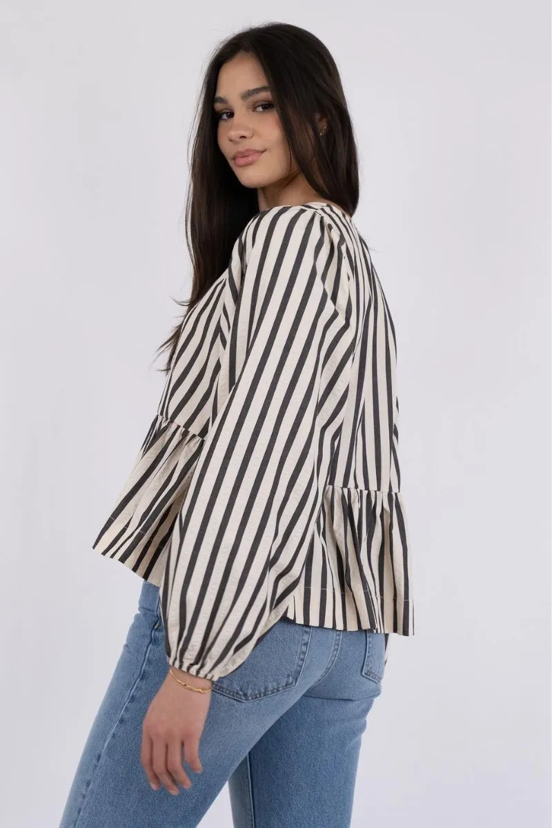 Bessie Contrast Stripe Blouse | Creme | Bluse fra Neo Noir