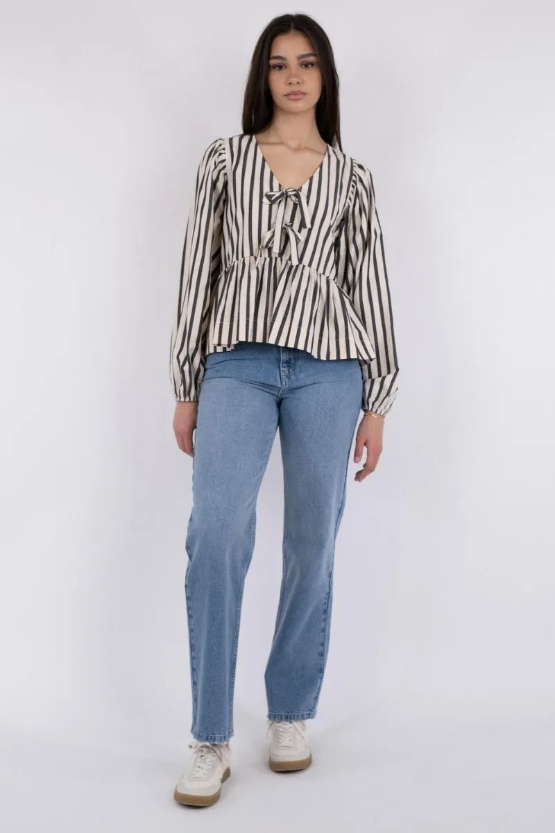 Bessie Contrast Stripe Blouse | Creme | Bluse fra Neo Noir