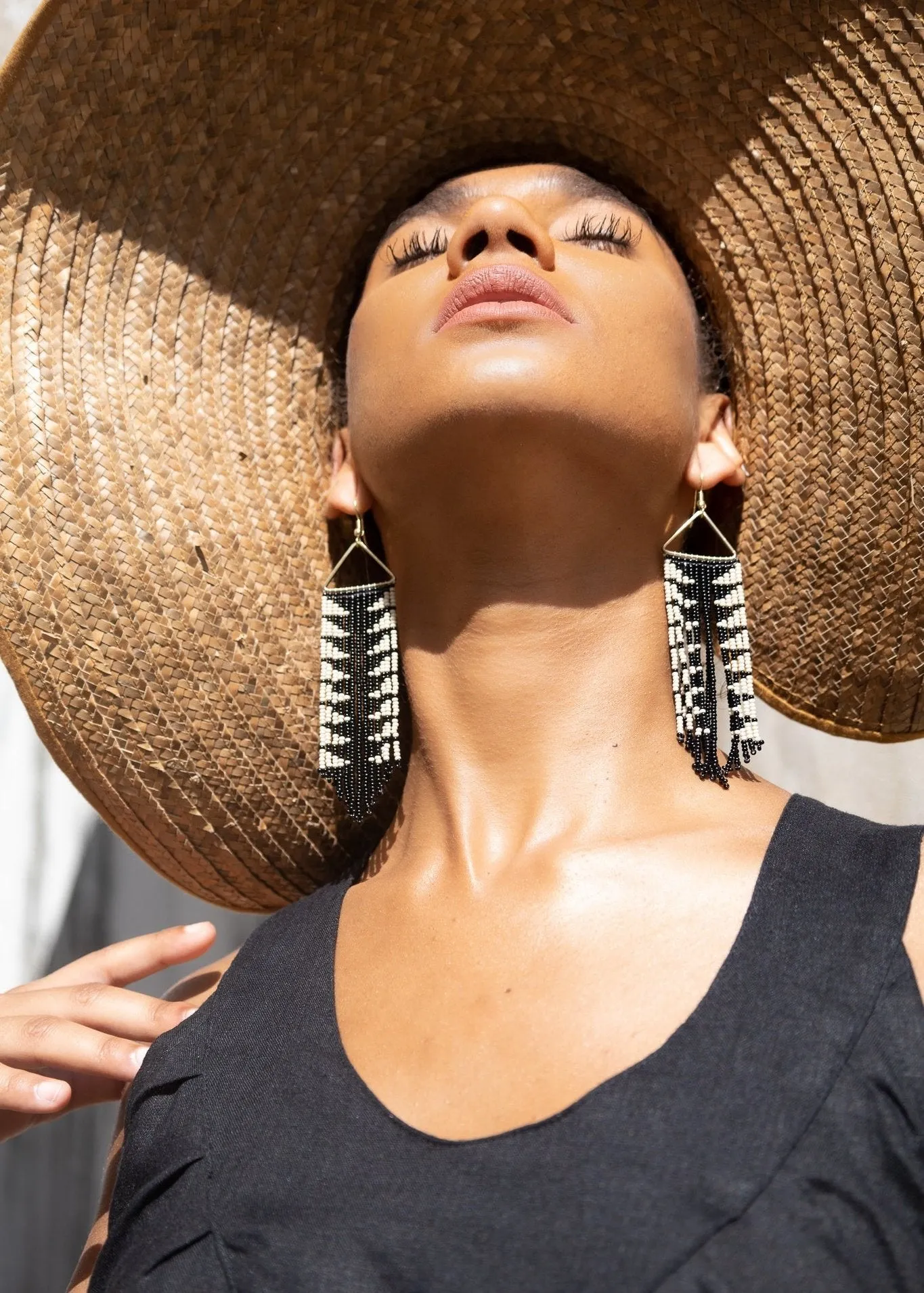 Black & Ivory Fringe Triangle Earrings