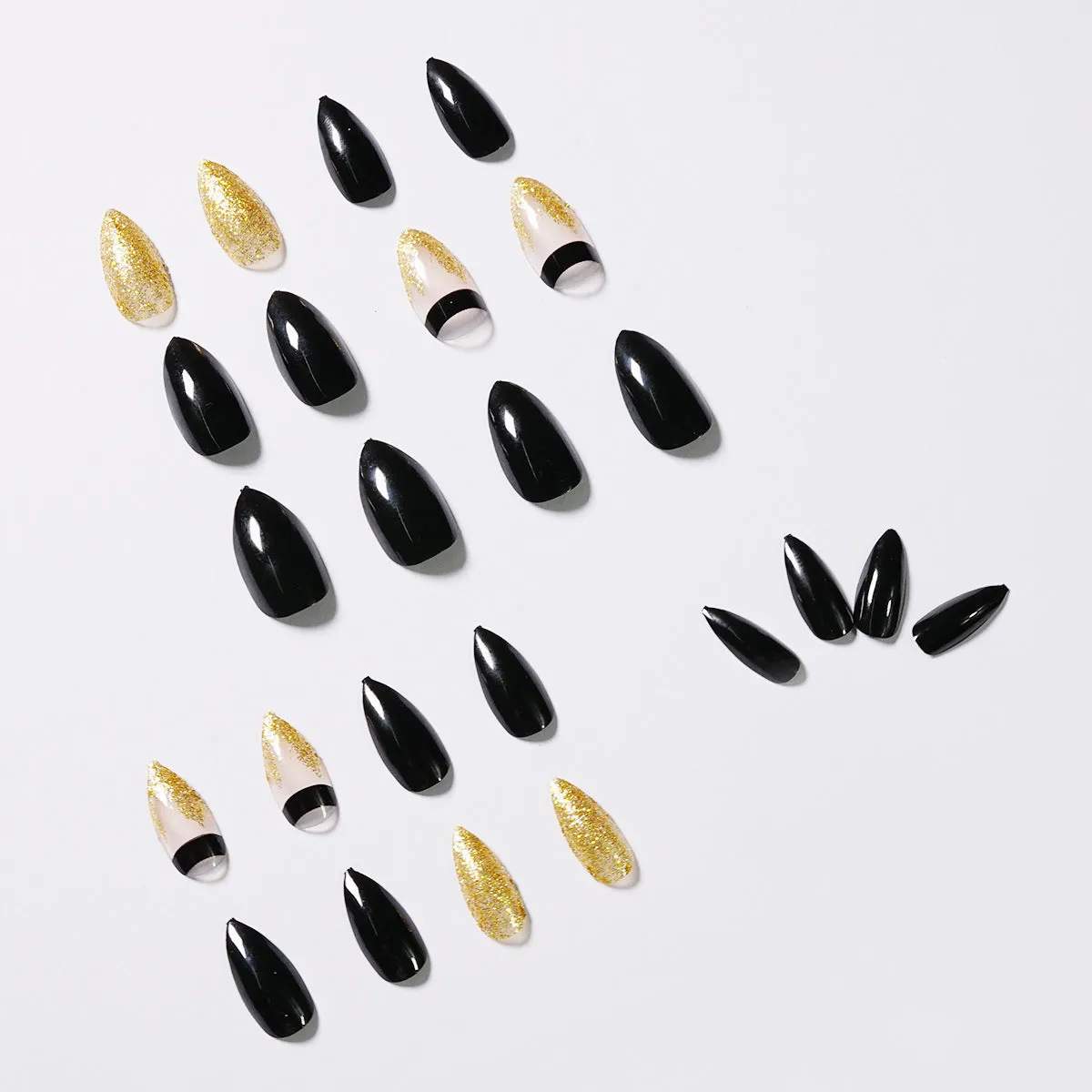 Black Gold Glitter Pointed Wear Nail Art Finished Fake Nails