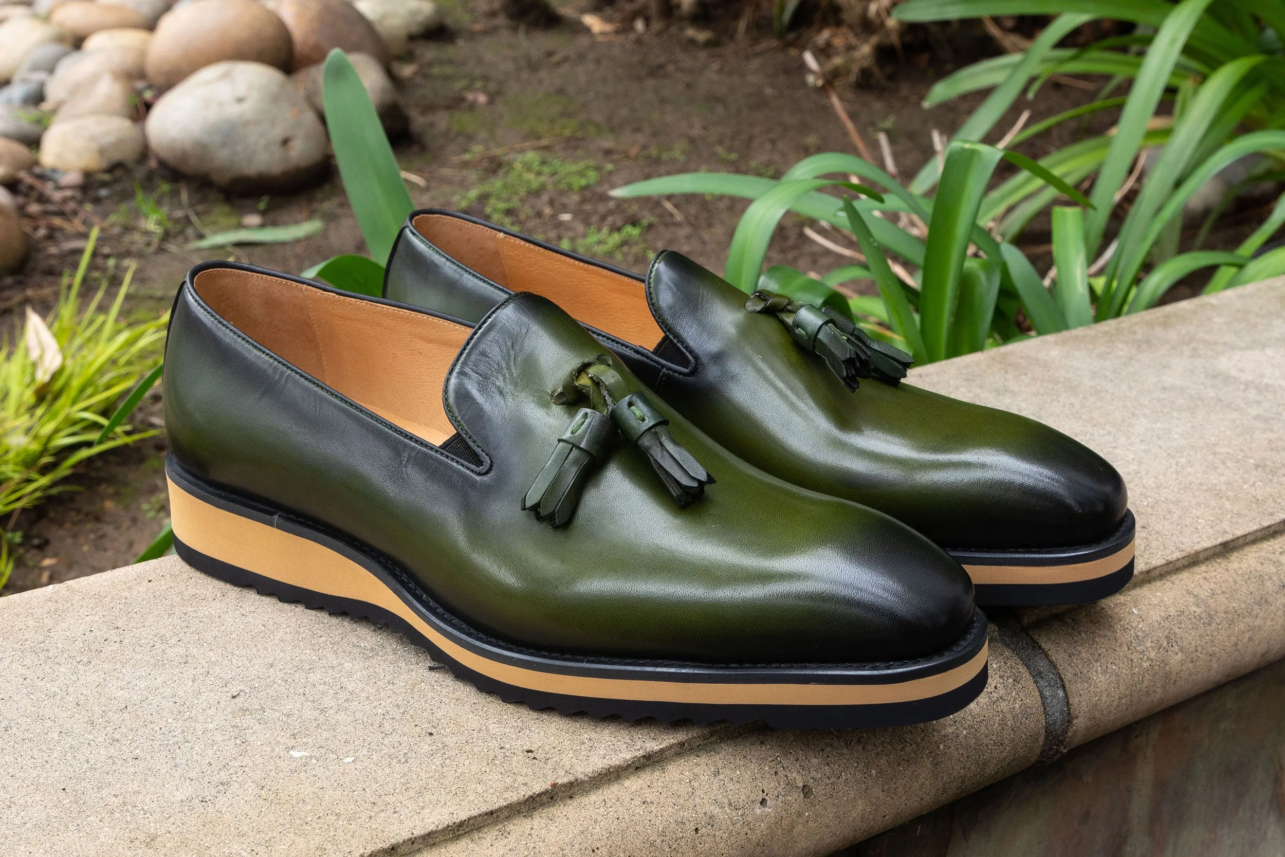 Calfskin Slip-On Tasseled Loafer Olive