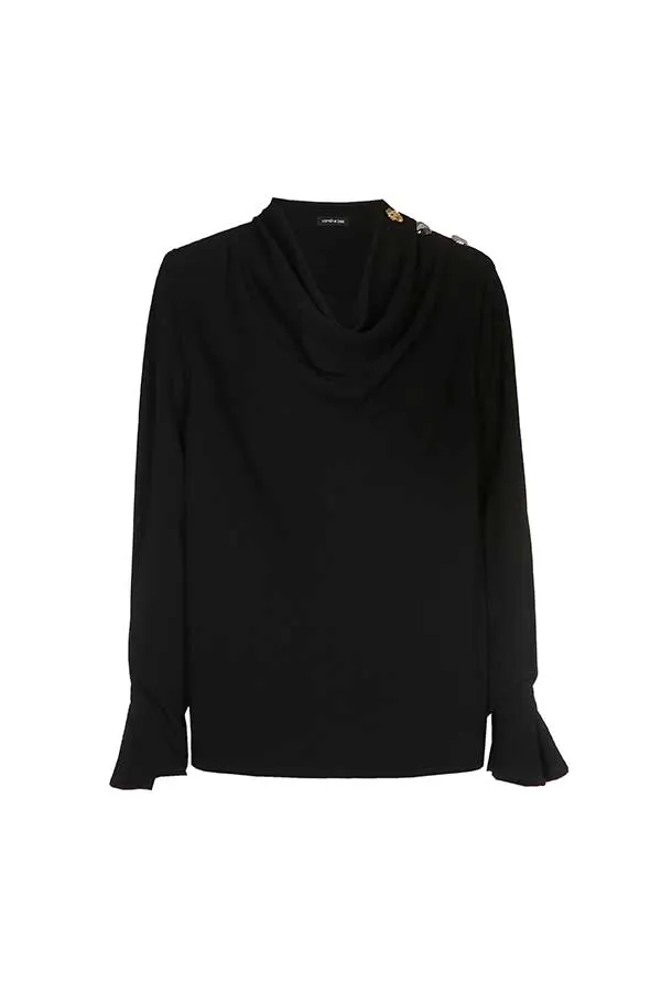 Caroline Biss BLACK DRAPED SCOOP NECK LOOSE BLOUSE