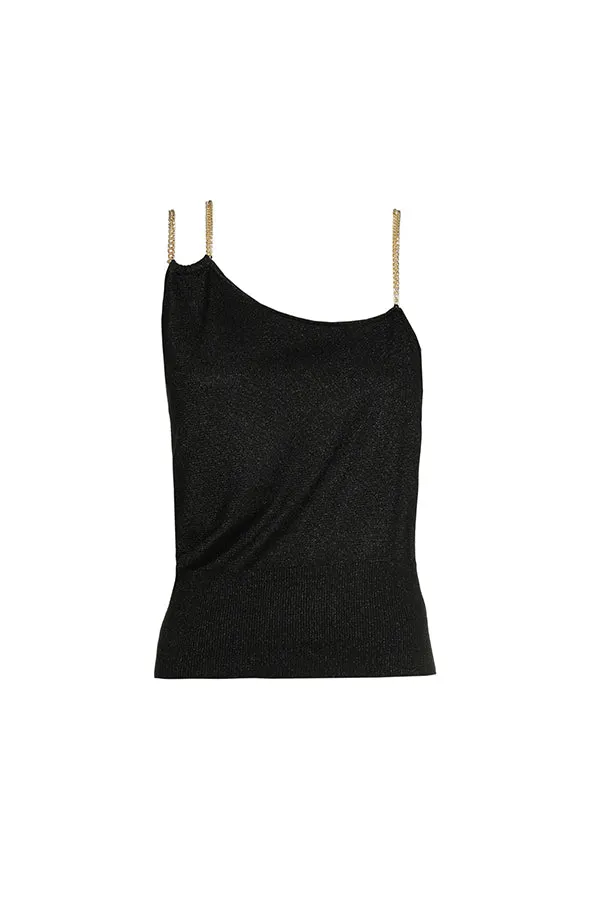 Caroline Biss BLACK FITTED LUREX JERSEY CHAIN STRAP TOP