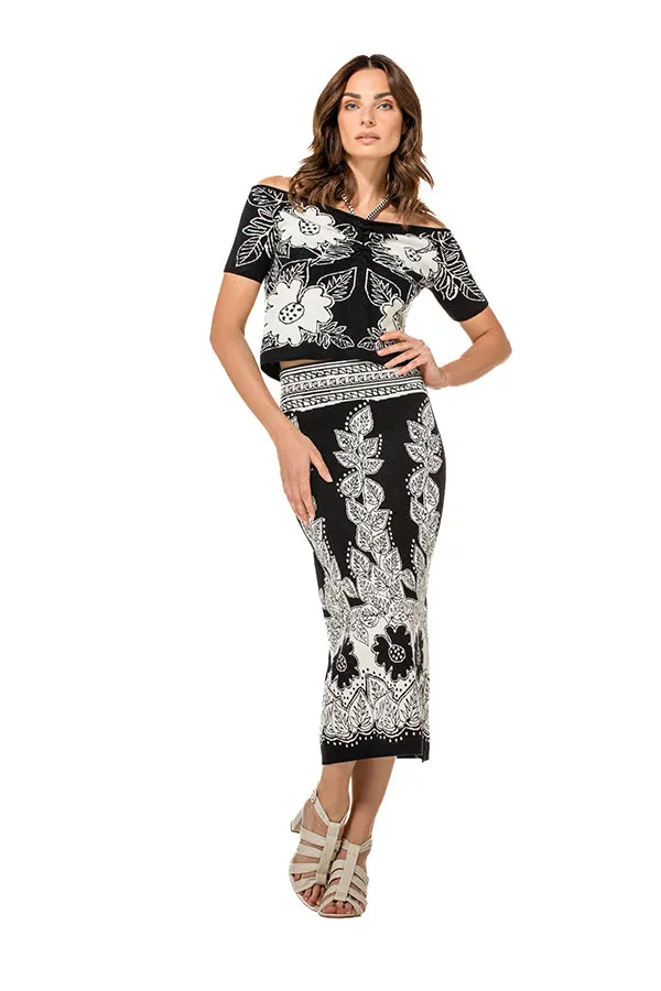 Caroline Biss BLACK LEAF PRINT STRAIGHT JERSEY SKIRT