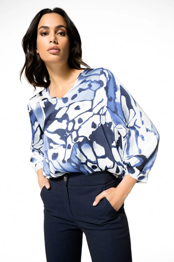 Caroline Biss BLUE ABSTRACT PRINT SHORT STRAIGHT BLOUSE