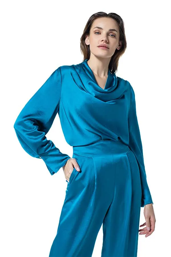 Caroline Biss BLUE DRAPED SCOOP NECK SHINY TOP