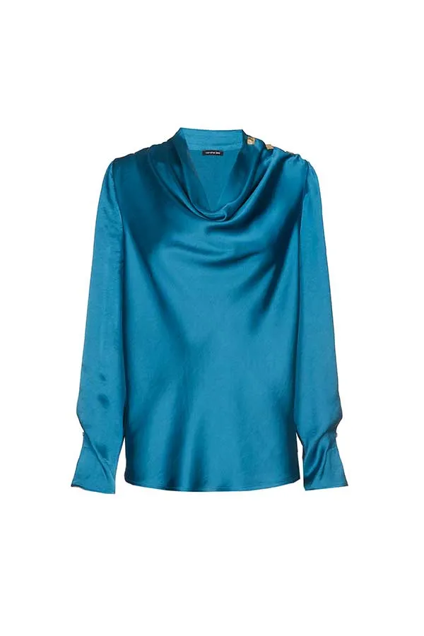 Caroline Biss BLUE DRAPED SCOOP NECK SHINY TOP