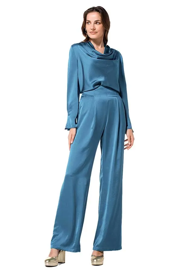 Caroline Biss BLUE DRAPED SCOOP NECK SHINY TOP