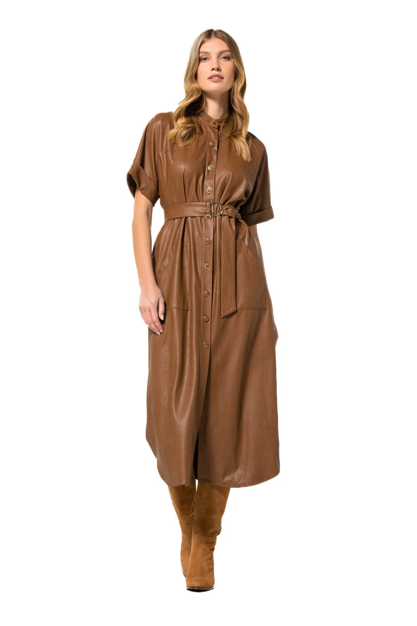 Caroline Biss BRANDY STRAIGHT-FITTING ECO-LEATHER MIDI DRESS