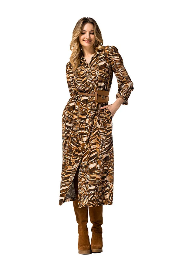 Caroline Biss BROWN GRAPHIC PRINT LOOSE MIDI SHIRT DRESS