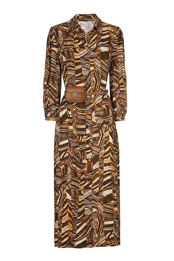 Caroline Biss BROWN GRAPHIC PRINT LOOSE MIDI SHIRT DRESS