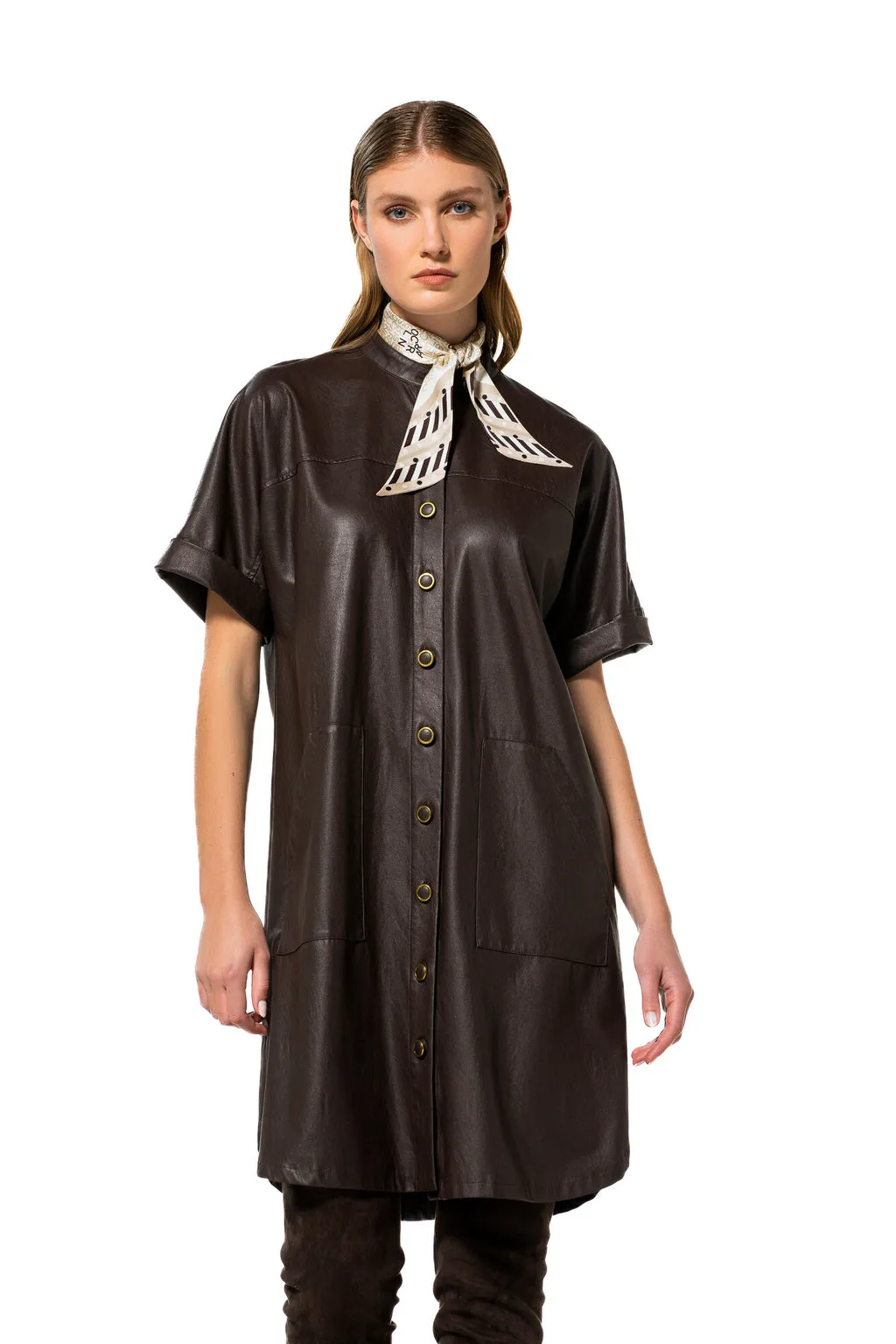 Caroline Biss BROWN STRAIGHT-FITTING ECO-LEATHER DRESS