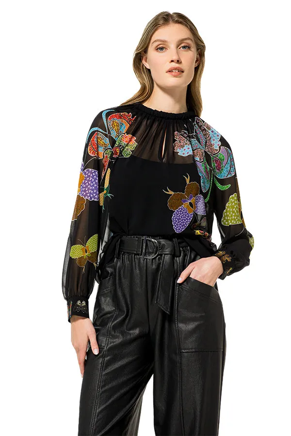 Caroline Biss BUTTERFLY PRINT SEMI-SHEER BLOUSE