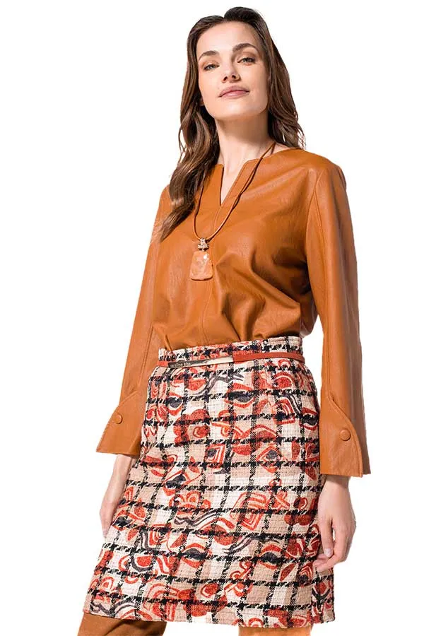 Caroline Biss CAMEL FAUX LEATHER STRETCH TOP