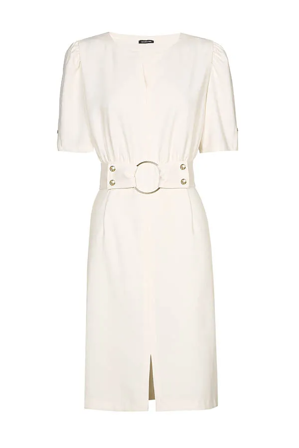 Caroline Biss CREAM BELTED FITTED DRESS