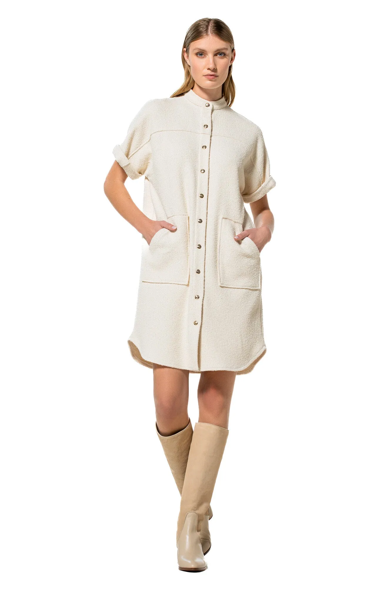 Caroline Biss CREAM STRAIGHT-FITTING BOUCLETTE DRESS