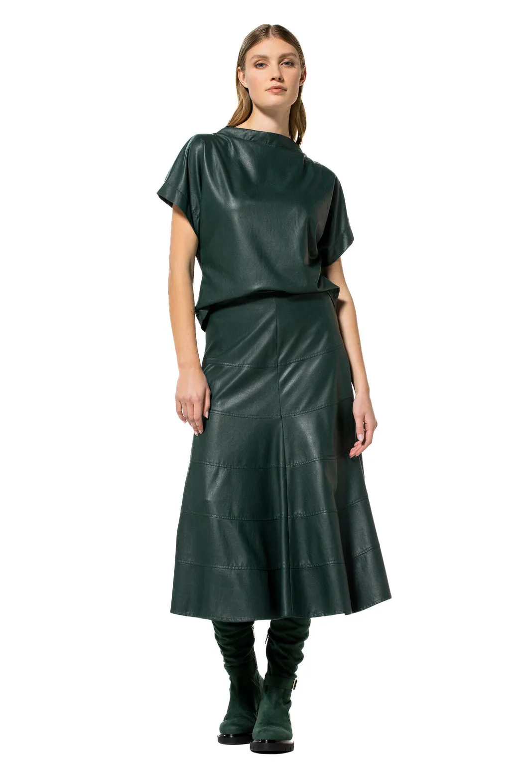 Caroline Biss DARK GREEN MID-LENGTH ECO-LEATHER SKIRT