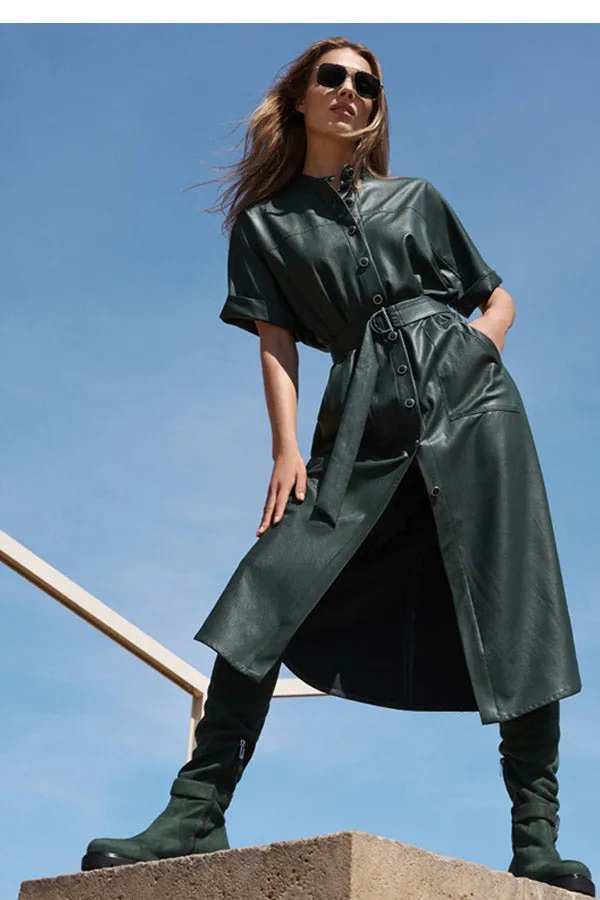 Caroline Biss DARK GREEN STRAIGHT-FITTING ECO-LEATHER MIDI DRESS