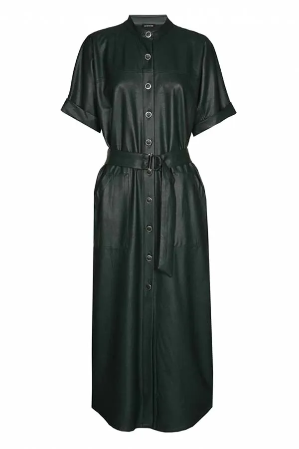 Caroline Biss DARK GREEN STRAIGHT-FITTING ECO-LEATHER MIDI DRESS