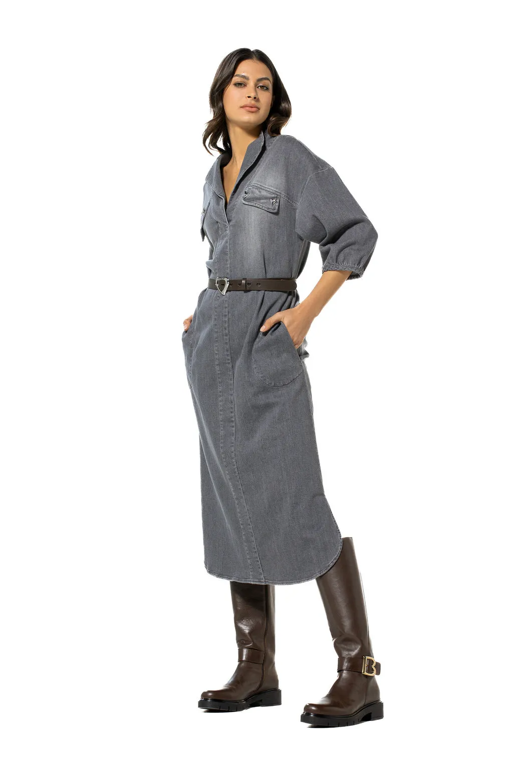 Caroline Biss DARK GREY MIDI DENIM DRESS