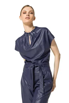 Caroline Biss DARK INDIGO FAUX LEATHER SHORT SLEEVE TOP