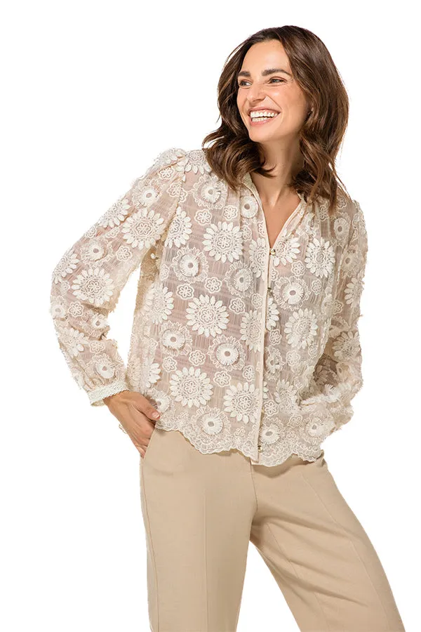 Caroline Biss EMBROIDERED SEMI SHEER STRETCH TULLE BLOUSE