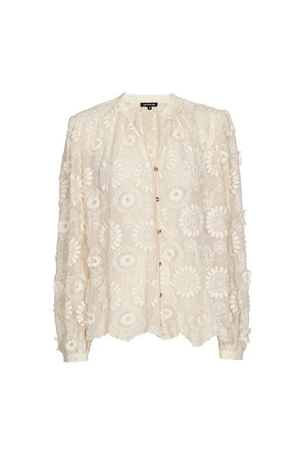 Caroline Biss EMBROIDERED SEMI SHEER STRETCH TULLE BLOUSE