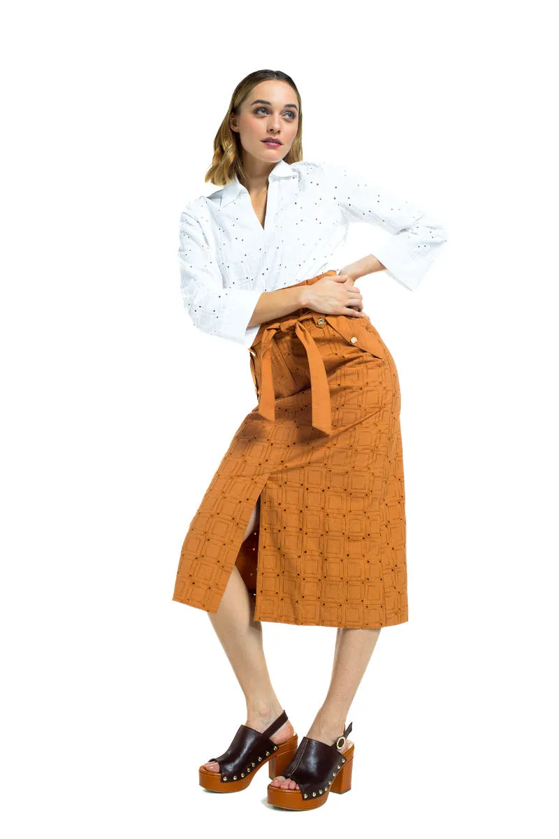 Caroline Biss EMBROIDERED STRAIGHT COTTON SKIRT