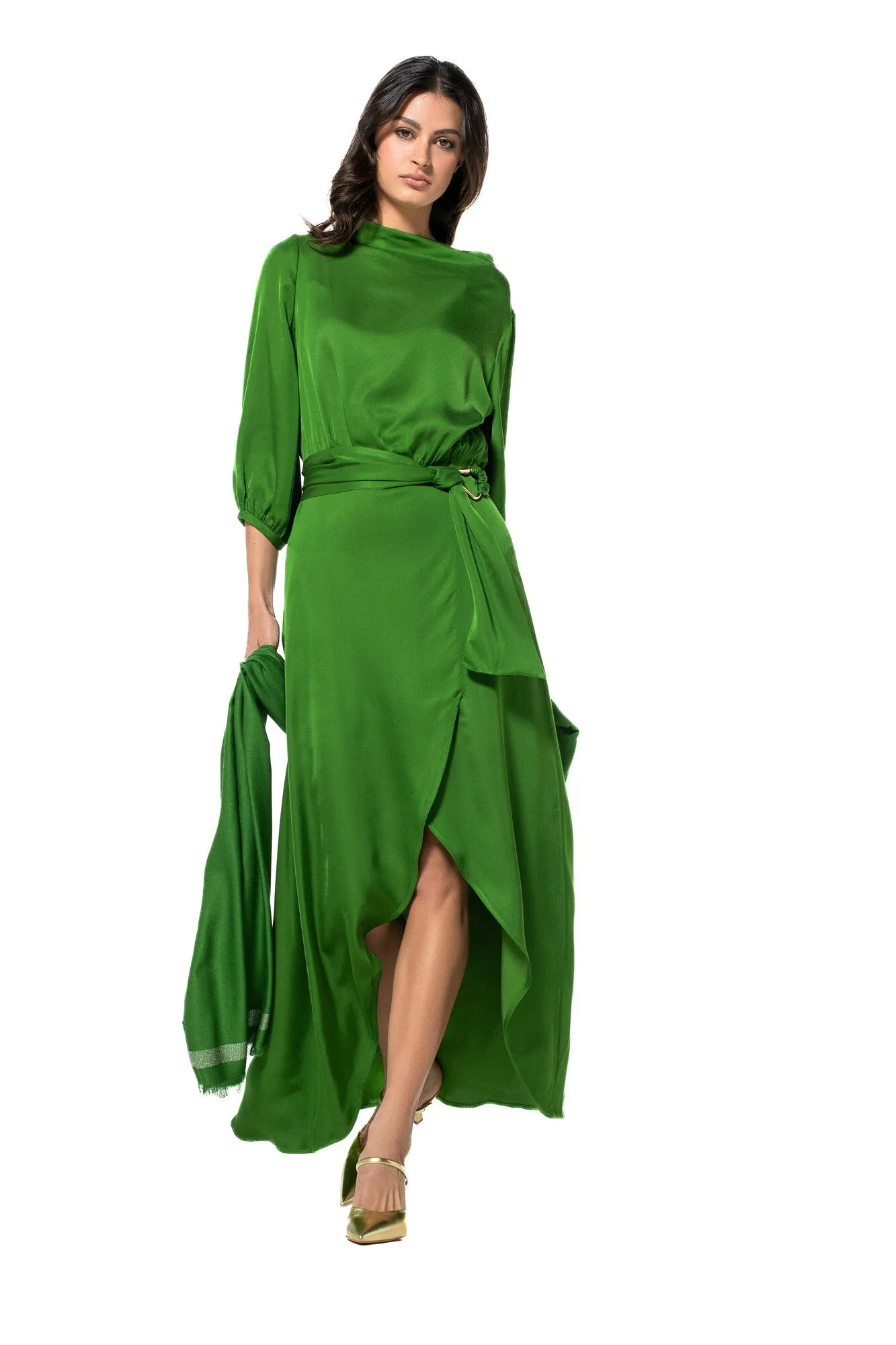 Caroline Biss GREEN BACK EFFECT FESTIVE LONG DRESS